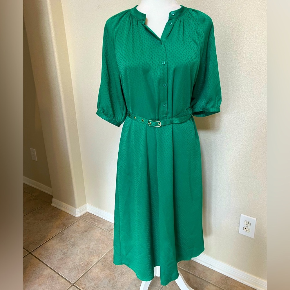 Kate Spade md emerald green midi belted poly 1/2 sleeve dress classy